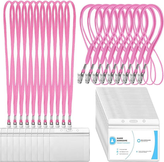 Marspark 100 Sets Clear Name Tags with Lanyard, Lanyards for ID Badges Reusable Strap with ID Holder Plastic Name Badges for Adults Business School Church Conference (Pink)