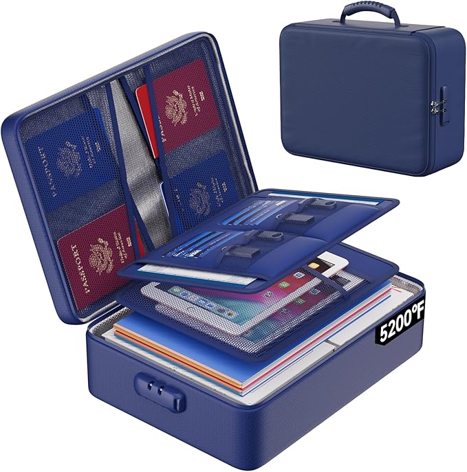 ENGPOW 5200°F Fireproof Document Bag with Lock, Upgraded Heat Insulated Fireproof＆Waterproof Box 8 Layers Document Organizer, Portable Home Travel Safe Storage Box for Important Files, Laptop, Blue