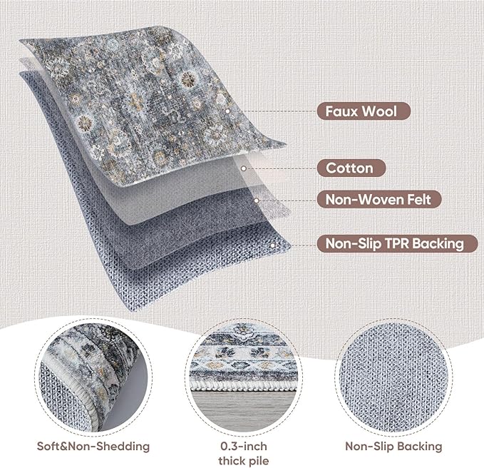 Rugcomf Area Rug 4x6 Rug Washable Boho Rugs Non Slip Low Pile Soft Floral Small Carpet for Bedroom, Bedside, Kids Room, Office, Dining Room(Grey)