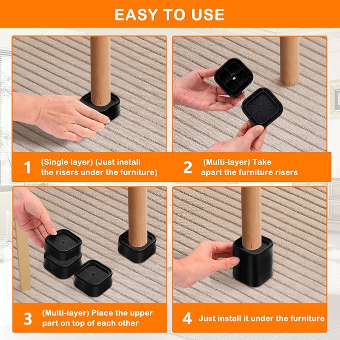 shouwuhho 4 Pack Furniture Risers Adjustable Bed Risers Heavy Duty Lifts Height 1", Square Stackable Bed Risers 1, 2 or 3 Inch for Desk Leg Table Couch Sofa Chair Bed Frame Legs Dorm, Black