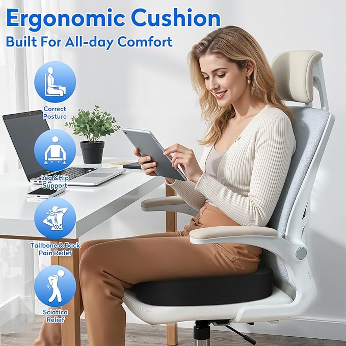 CushZone Seat Cushion, Memory Foam Cushion for Office Chair, Car Seat, Airplane, Chair Pad for Postpartum Pregnancy, Sciatica Tailbone Back Pain Relief for Long Sitting Workers, Car Drivers, Black
