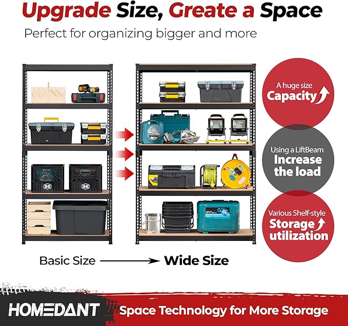 HOMEDANT 47.7" W Deep 5 Tier Heavy Duty Garage Shelving Adjustable Metal Rack Storage Shelves Standing Shelf Unit Organizers Industrial Warehouse Basement Black 1Pack