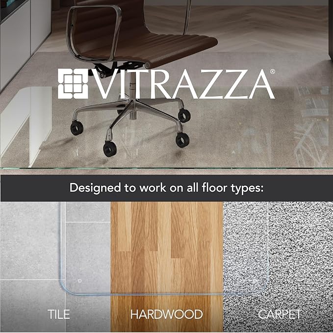 Vitrazza Glass Chair Mat 48” x 48” Superior ¼ Thick, Chiaro Standard Clear, Certified Tempered Safety Glass, Delivers a Smooth Glide, Protects Carpet or Wood, Beautiful in Home or Office
