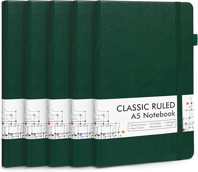 feela 5 Pack Journal Notebook Bulk for School, Hardcover Business Notebooks Classic Ruled Lined Journals with Pen Holder for Work Note Taking, with 5 Black Pens, 120 GSM, 5.1”x8.3”, A5, Dark Green