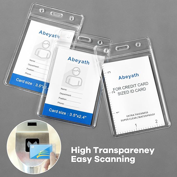 ABEYATH 10 Pack Extra Thick ID Card Name Badge Holder Heavy Duty Waterproof Clear Plastic PVC Vertical Sleeve Pocket Resealable