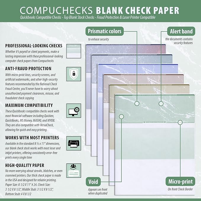 Compuchecks Check on Top Blank Check Paper - 2500 Pack, Quick-Books & Laser Printer Compatible - Security Business Checks with Voucher - 8.5" x 11" Gold Pinstripe