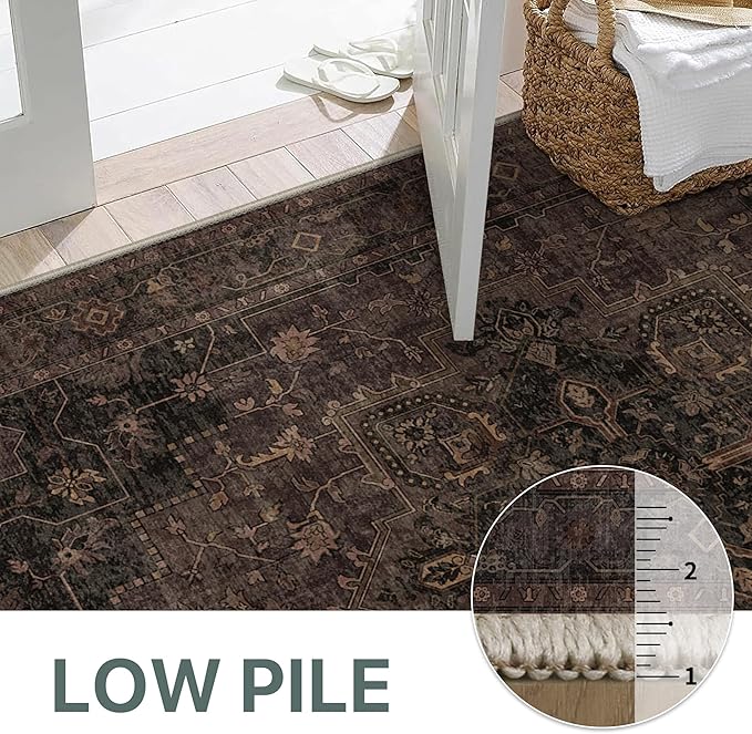 GENIMO 2'6"x6 Runner Rugs for Hallway, Machine Washable Non Slip Vintage Rugs, Low Pile Lightweight Soft Print Rug for enrtyway, Corridor, Home, Office, Kitchen, Charcoal Brown