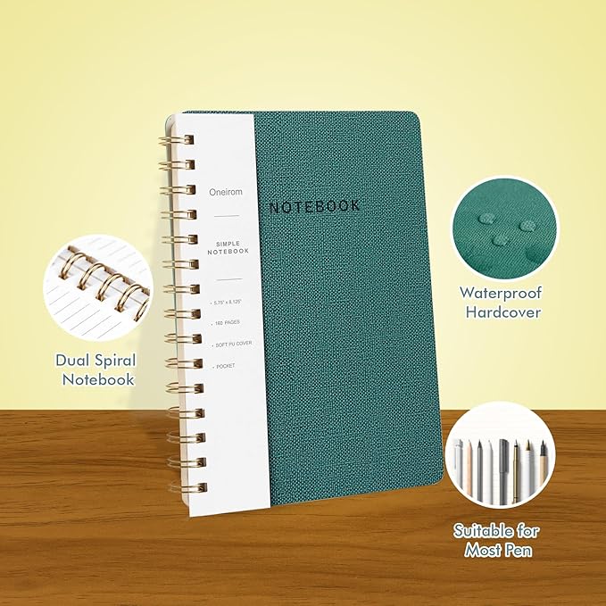 Spiral Notebook-5.75" x 8.125" College Ruled Journal with Inner Pockets and 160 Pages,PU Leather Cover Business Journal, Twin-Wire Binding Notebook Perfect for Office & Home School Supplies 6 pack Black/Green