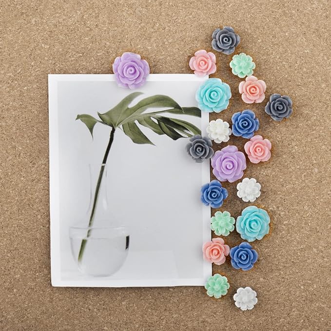 Push Pins，LYroo 200 Pcs Flower Thumb Tacks Wood Pin Board Map Tacks Marking Pins Assorted Colors Push Pin Clips for Cork Board Cute Desk Decor Accessories for Women Office Teacher Supplies