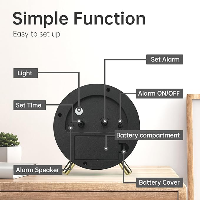 Analog Alarm Clock, 4 inch Super Silent Non Ticking Small Clock with Night Light, Battery Operated, Simple Design, easy setting for Office, Bedroom, Bedside, Desk, teens, elders, kids, adult, Black