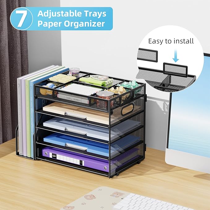 Marbrasse 5-Tier Desk Organizer with File Holder,Paper Letter Tray Organizer,Desktop File Organizer with Adjustable Compartments,Mesh Desk Organizers and Accessories for Office Supplies,Black
