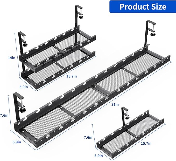 SRJZMLY 31Inch Extendable Under Desk Cable Management Tray Multi-Model Metal Cable Management Tray Under Desk Cord Management with Clamp Power Strip Cord Holder for Wire Cable Management, Black
