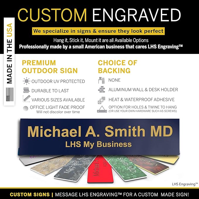 Engraved Custom Door Plate Navy Blue Plastic Office Door Sign with Gold Letters - Made in USA 2x10 B10