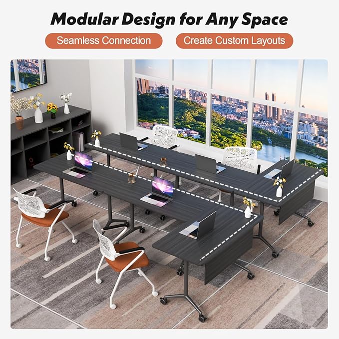 Goakwwuz Conference Room Table, Folding Conference Tables,Thicken Grey Tabletop,Flip Top Wooden Seminar Meeting Room Table for Conference Room Offices (4, BlackWoodGrain, 61.0“)