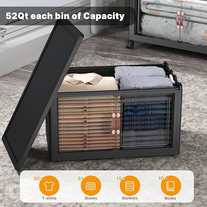 UAMFURI Extra Large Stackable Storage Bins with Lids & Wheels & Door, 260QT-52QT/13GAL*5Pack Foldable Collapsible Closet Organizers, Plastic containers drawers for bedroom Dorm