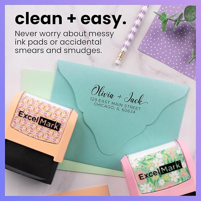 ExcelMark Address Stamp - Custom Return Address Stamp with Elegant Designs, Vibrant Colors & Patterns – Perfect for Mail, Invitations & Gifts (Violet Mount, Signature Script)
