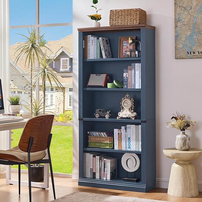RWYHG 70" Blue Tall Bookshelf Set of 4,5-Tier Thick Wooden Book Shelf with Adjustable Shelves,Free Standing Farmhouse Bookcase with Open Display Storage,Floor Vintage Bookshelves for Living Room