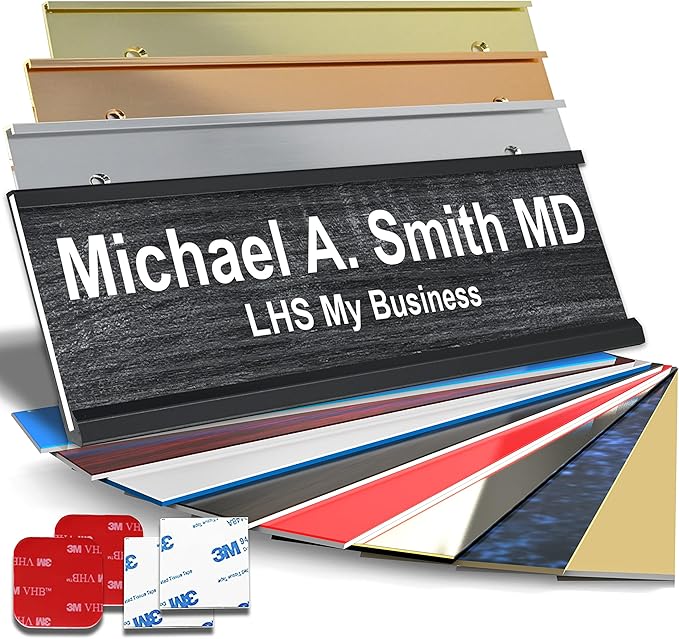 Personalized Name Plate with Choice of Mounting Holders for Walls, Doors, Cubicles, Hanging and More - Custom Bloss Burlwood Plastic Gold Letters - USA Made 2x6 - N2
