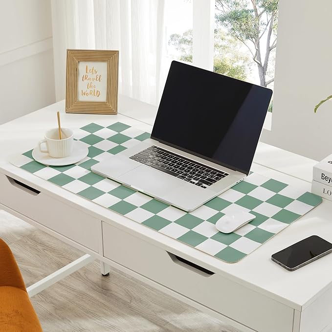 Ohocut Checkered Desk Mat, Large Cute Aesthetic Retro PU Leather Computer Laptop Desk Mat, Non-Slip Waterproof Mouse Keyboard Pad, Desk Writing Mat for Work/Home (Sage, 23.6" x 13.7")