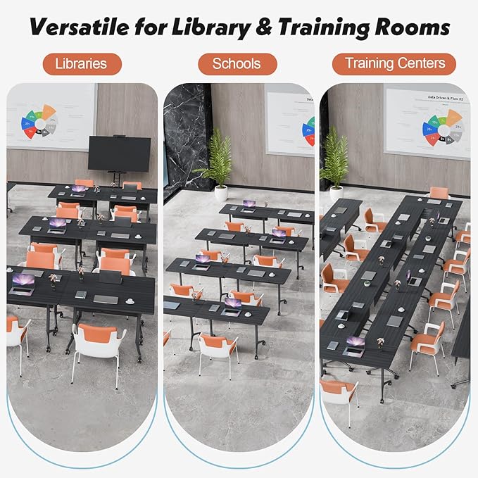 Goakwwuz Conference Room Table, Folding Conference Tables,Thicken Grey Tabletop,Flip Top Wooden Seminar Meeting Room Table for Conference Room Offices (6, BlackWoodGrain, 47.2“)