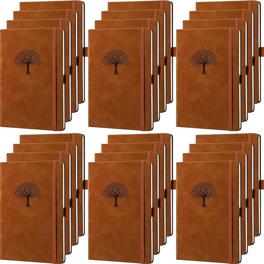 Qeeenar 24 Pack Leather Notebook Journals Bulk 5.7" x 8.3" Harder Cover A5 Journals for Writing Men Women Leather Travel Notebooks Daily Gifts for Office School (Brown)