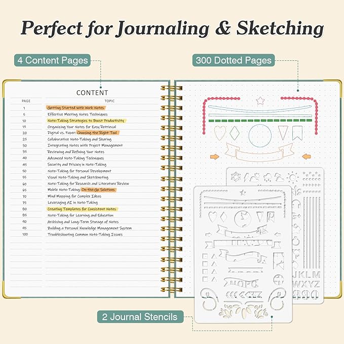Bullet Dotted Journal Spiral Notebook, 300 Pages Leather Notebooks with Contens, 120 GSM Thick No Bleed Through Paper Journals, A5 Dot Grid Notebook for Women Men School Work Writing, 5.5" x 8", Pink