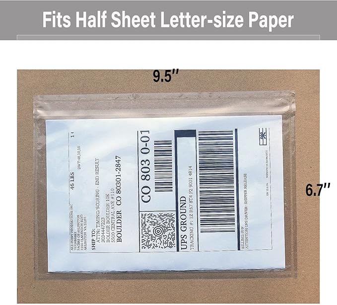 BEUYI Clear 9.5'' x 6.7'' Adhesive Shipping Label Pouches/Sleeves, Plastic Packing Slip Envelope Protector Holder, Easily Fits Half of Letter-Size Paper (60 Pack)