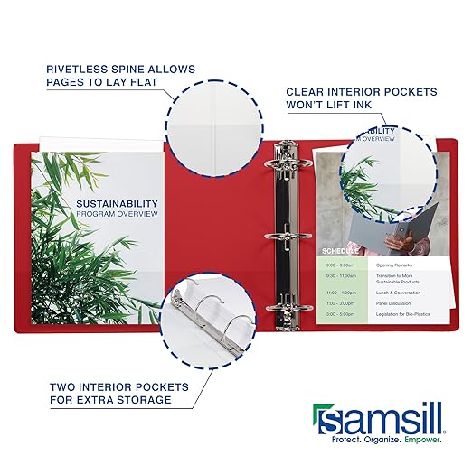 Samsill 1 Inch 3 Ring Binders, Made in USA, Economy Round Ring, Clear View Cover, 200 Sheet Capacity - for School, Home, Office - Red, 4 Pack