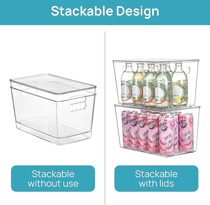 Vtopmart 4 Pack Clear Stackable Storage Bins with Lids,XLarge Plastic Containers with Handle for Pantry Organizer and Storage,Perfect for Kitchen,Fridge,Cabinet, Closet,Bathroom Organization