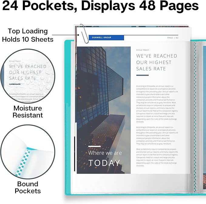 Dunwell Presentation Binder 24-Pocket, Displays 48 Pages, 8.5x11 Portfolio Binder with Plastic Sleeves, Storage and Organizer for Documents, Certificates, Projects, Photos (Aqua)