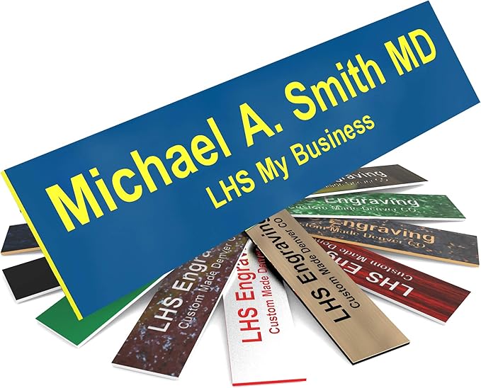 Engraved Door Signs for Office Personalized Blue Plastic Door Plaque with Yellow Letters - Made in USA 2x12 B20