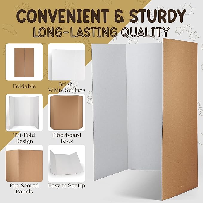 White Trifold Presentation Board 36" x 48" (Pack of 4) Self-Adhesive Science Subtitles included - Display Exhibition Board Lightweight and Portable with Smooth Surface - by Emraw