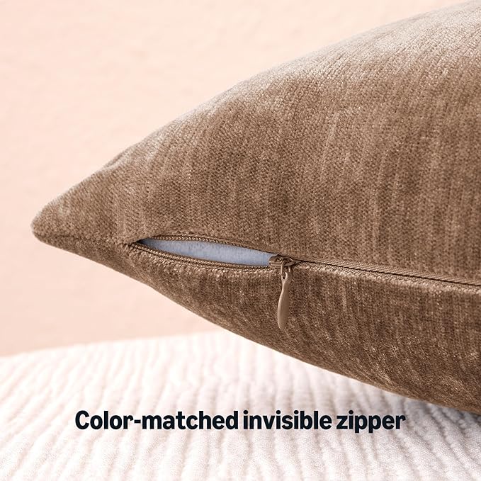 Amazon Basics Chenille Throw Pillow Covers, Home Decor Cushion Cover for Bedroom Living Room Couch Bed, 22" W × 22" L, Brown
