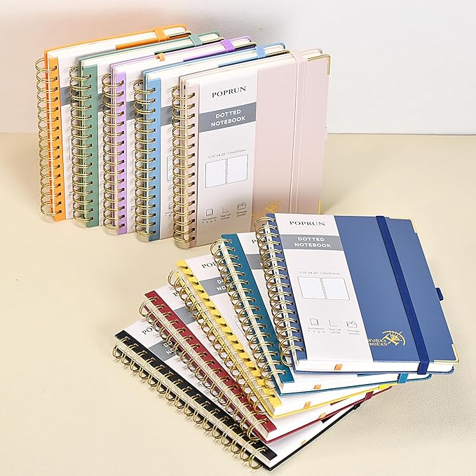 POPRUN Spiral Dotted Journal Notebook, [A5-5.75'' x 8.25''] - 120 GSM Thick Paper, 141 Numbered Pages, Hardcover for Men & Women with Pocket, Index Tabs, 8 Perforated Sheets, Midnight Green