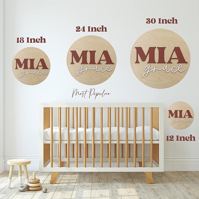 Custom Round Nursery Name Sign, Personalized Wooden Wall Plaque, 12" 18" 24", 30" 3D Wall Art for Children & Kids Rooms, Baby Shower, Hickory Hollow Designs (Emerson Alice)