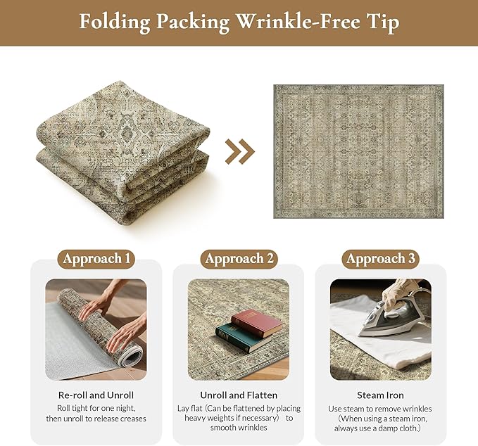 GENIMO 9x12 Area Rugs for Living Room, Machine Washable Non Slip Vintage Rugs, Low Pile Lightweight Chenille Print Rug for Bedroom, Dining Room, Home Office, Green Khaki
