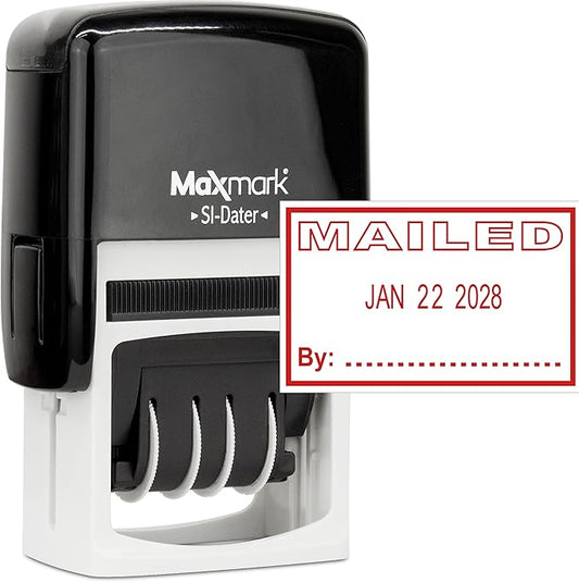 MaxMark Office Self Inking Date Stamp with Phrase Mailed - Red Ink