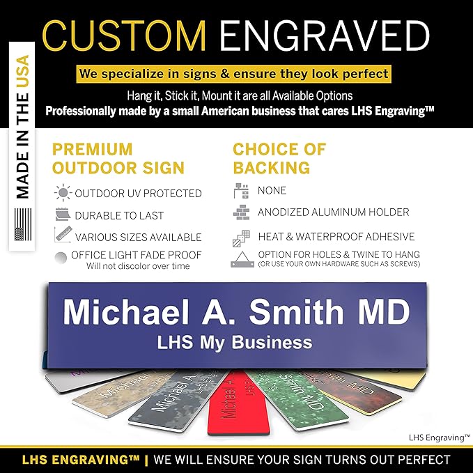 Personalized Name Plate with Choice of Mounting Holders for Walls, Doors, Cubicles, Hanging and More - Custom Purple Plastic White Letters - USA Made 2x6 - B13