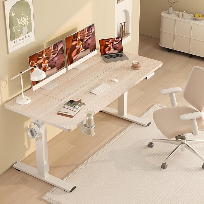 FitStand Standing Desk,Large 71x31 Inches Height Adjustable Stand Up Desks with Cable Management, Home Office Computer Desk with Cup Holder & Memory Preset, White Wood Grain