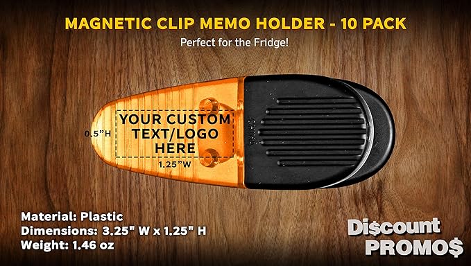 10 Magnetic Memo Holders Set - Customizable Text, Logo - Large Clip, Plastic - Orange