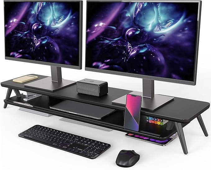 Fenge Dual Monitor Stand, Monitor Stands Riser for 2 monitors, 42.5 Inch Wood Desk Shelf with Storage Organizer and Cable Management for Office Desk Accessories