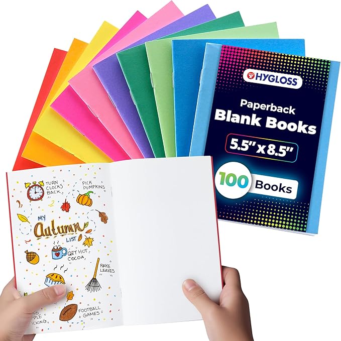 Hygloss Blank Books - Bulk 100 Pack – 5.5" x 8.5" A5 Assorted Colors – Paperback Blank Books for Kids to Write Stories, Doodle Art – Plain Drawing Sketchbook, Unlined Journal, Notebook Without Lines