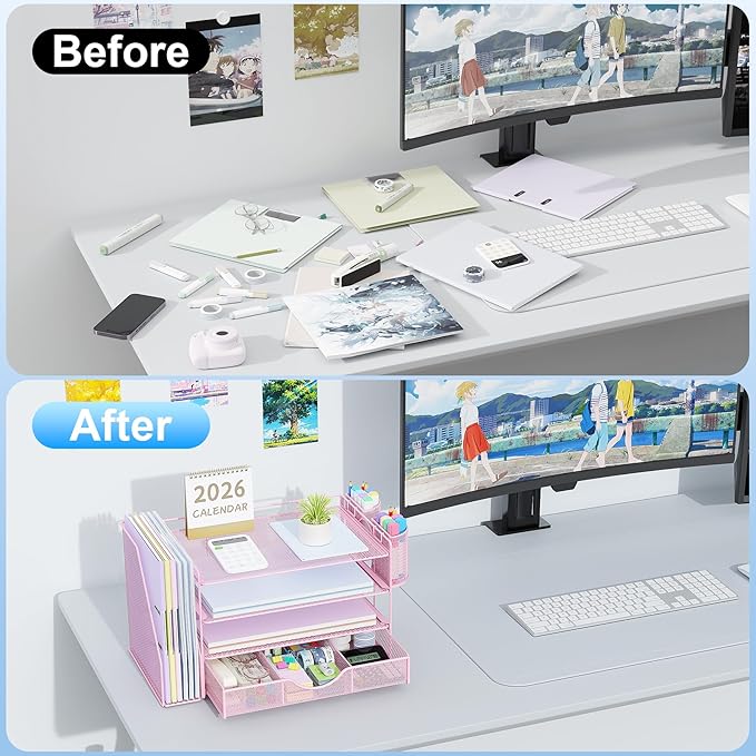 gianotter Desk Organizers and Accessories with File Holder, 4-Tier Desk Accessories & Workspace Organizers with Drawer and 2 Pen Holder, Paper Organizer for Office Supplies (Pink)