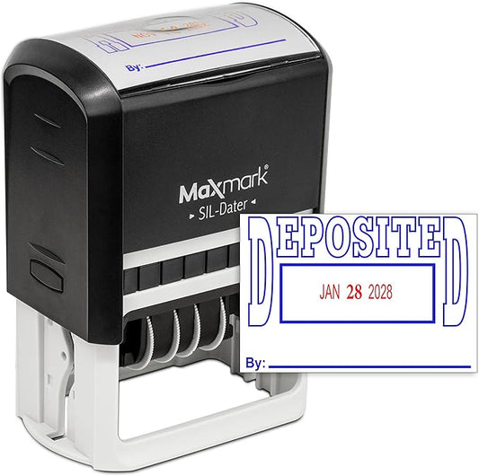 MaxMark Large Self-Inking Rubber Date Office Stamp with Deposited Phrase & Date - Blue/Red Ink, 12-Year Band - Style 5