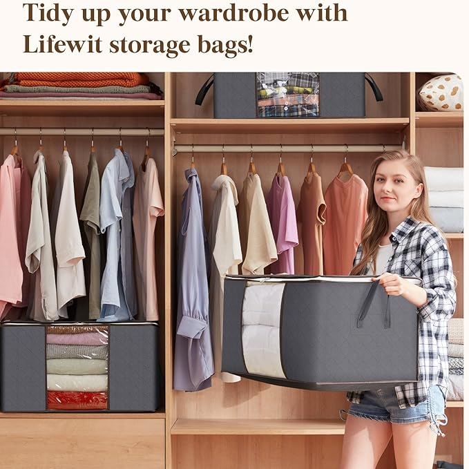 Lifewit Large Capacity Clothes Storage Bag Organizer with Reinforced Handle Thick Fabric for Comforters, Blankets, Bedding, Foldable with Sturdy Zipper, Clear Window, 9 Pack, 90L, Grey