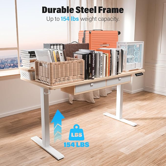 Kingant 55 x 24 Inch Electric Standing Desk with 4 Drawers, Height Adjustable Sit to Stand Computer Desk with Storage Shelf and C-Clamp Mount Compatibility for Home Office, Nature