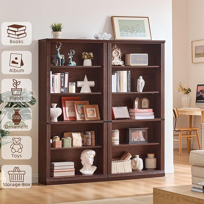 RWYHG 70" Walnut Tall Bookshelf Set of 3,5-Tier Thick Wooden Book Shelf with Adjustable Shelves,Free Standing Farmhouse Bookcase with Open Display Storage,Floor Vintage Bookshelves for Living Room