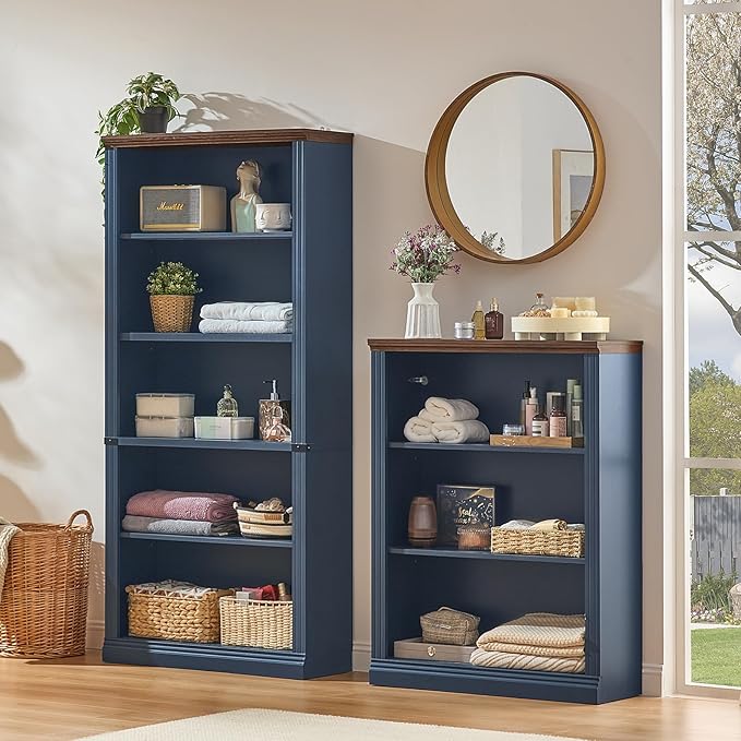 RWYHG 70" Blue Tall Bookshelf Set of 3,5-Tier Thick Wooden Book Shelf with Adjustable Shelves,Free Standing Farmhouse Bookcase with Open Display Storage,Floor Vintage Bookshelves for Living Room