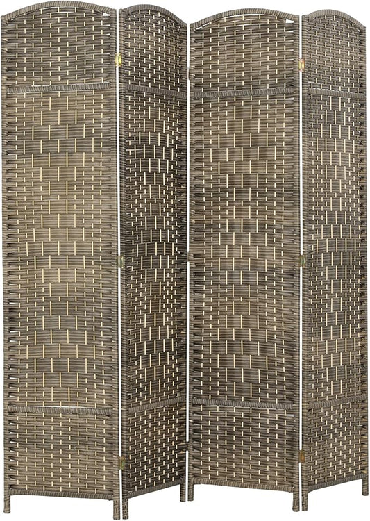 HOMCOM 4 Panel Room Divider, 6' Tall Folding Privacy Screen, Hand-Woven Freestanding Wall Partition for Home Office, Bedroom, Dark Rustic Oak