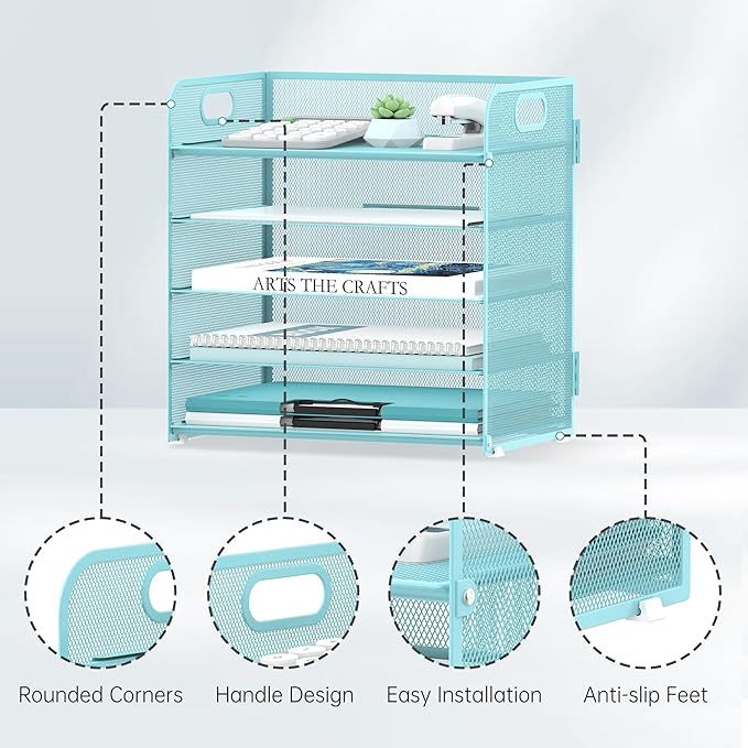 2 Pack 5-Tier Blue Desk Organizer with Handle Mesh Desk File/Paper Organizer Letter Tray for Office, School and Home Easy Installation